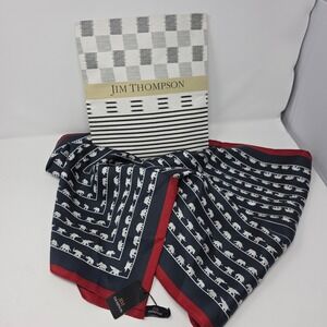 Jim Thompson Reversible 100% Thai Silk Elephant Scarf Navy Black Red 70x17 NWT